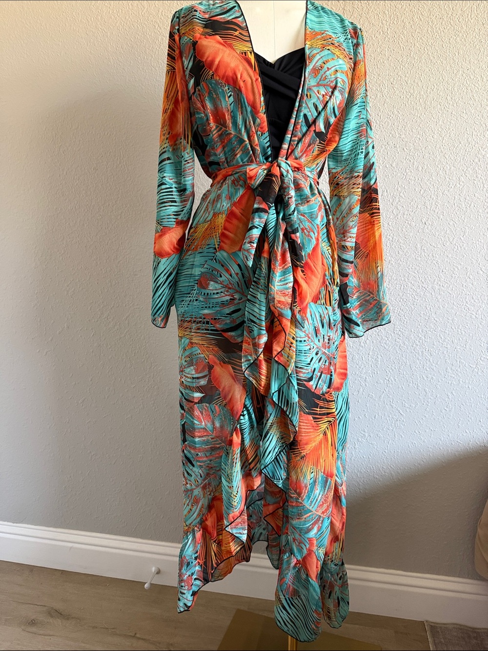 Source Unknown Teal & Orange Tropical Tie-Waist Maxi Coverup
